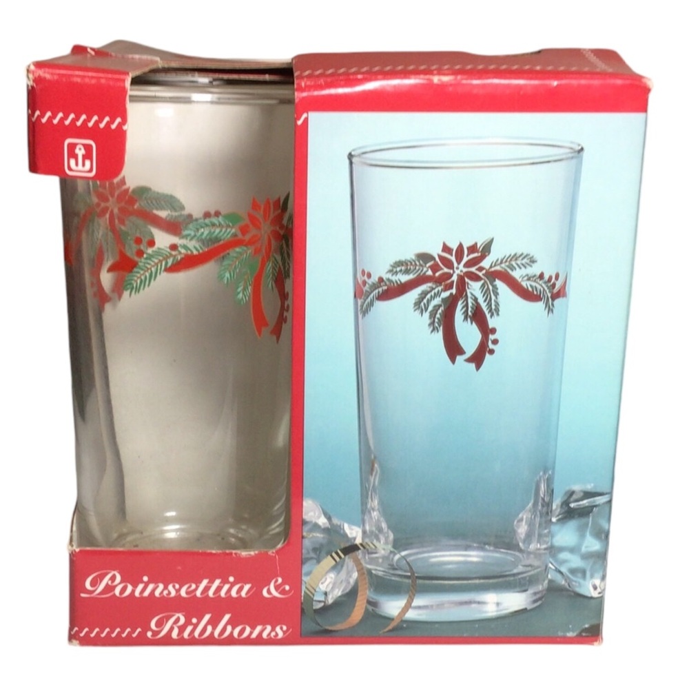 Vintage Anchor Hocking Poinsettia & Ribbons 4pc Iced Tea Glasses 15 oz Christmas